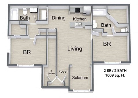 Floor plan for 2 beds, 2 baths, 1009 sqft